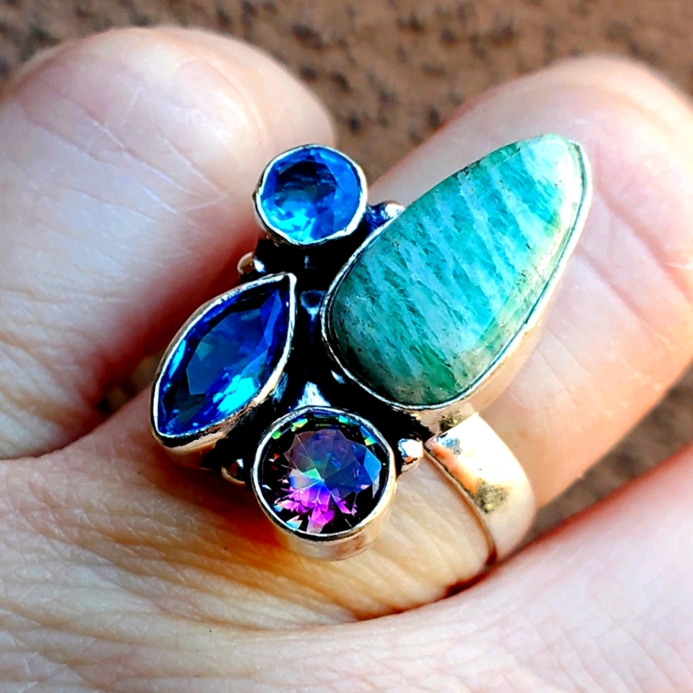 New Amazonite, Blue Quartz, Mystic Topaz 925 Silver Ring.